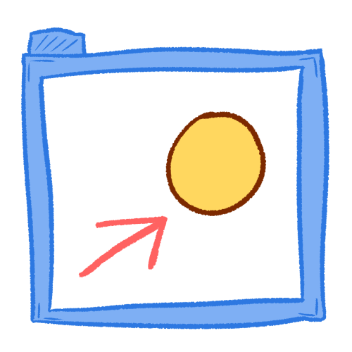 A dark pink arrow pointing to a yellow circle, inside of a transparent blue folder.
